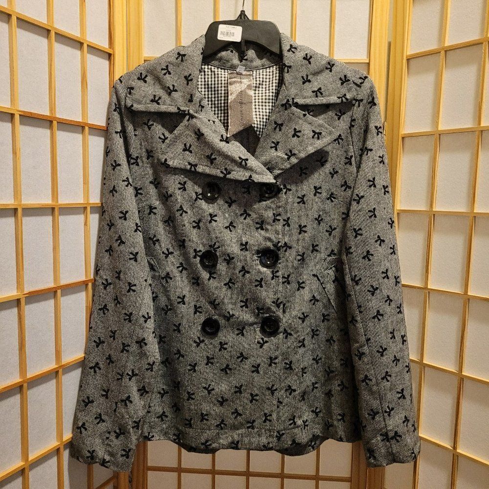 Moon Collection Womens Black Gray Double Breasted Pea Coat Jacket Sz L